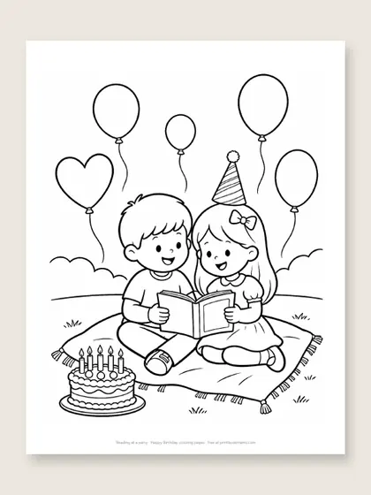 Reading at a party: happy birthday coloring page