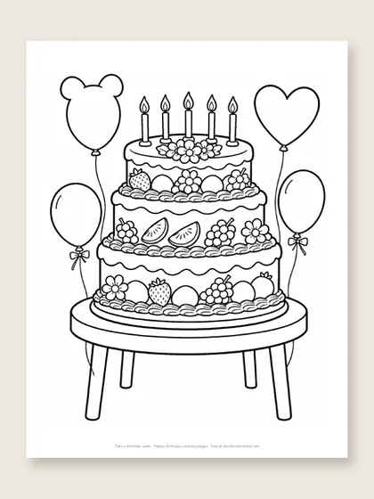 Fancy birthday cake: happy birthday coloring page