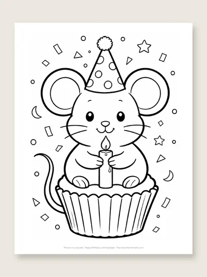 Mouse in a cupcake: happy birthday coloring page