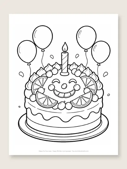 Happy fruit face cake: happy birthday coloring page