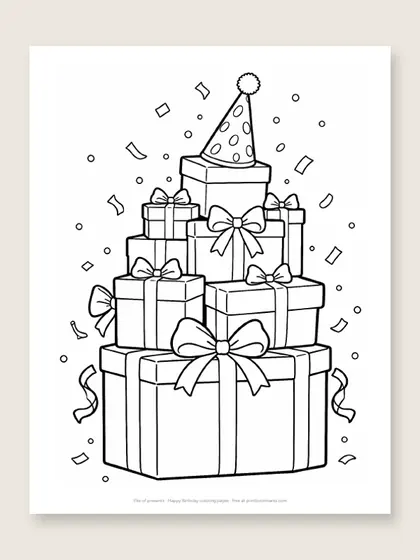 Pile of presents: happy birthday coloring page