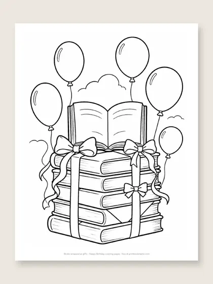 Books wrapped as gifts: happy birthday coloring page