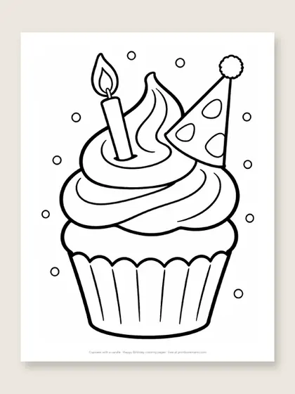 Cupcake with a candle: happy birthday coloring page