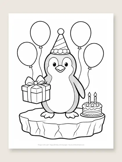 Penguin with a gift: happy birthday coloring page