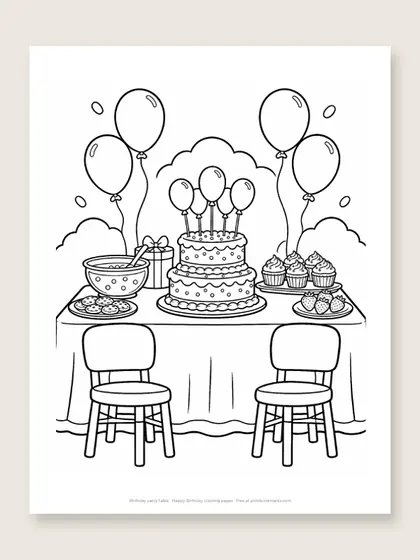 Birthday party table: happy birthday coloring page