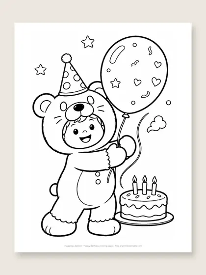 Hugging a balloon: happy birthday coloring page
