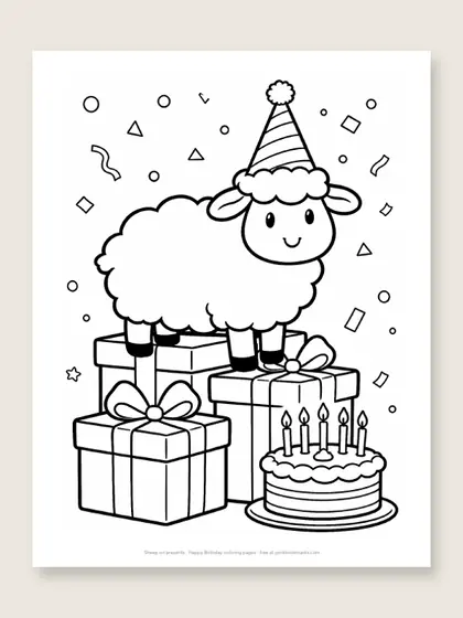 Sheep on presents: happy birthday coloring page