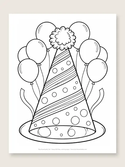 Big striped party hat: happy birthday coloring page