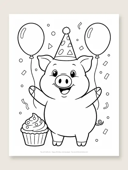 Pig with balloons: happy birthday coloring page