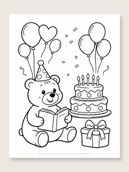 Bear reads at the party: bear coloring page