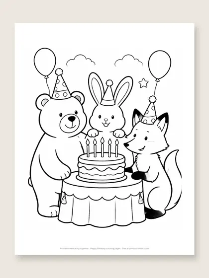Animals celebrating together: happy birthday coloring page