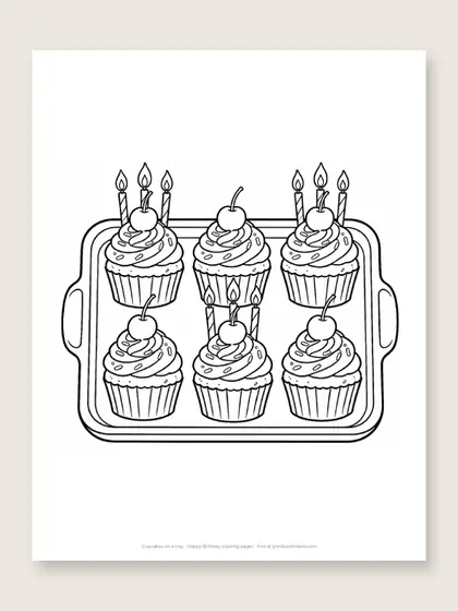 Cupcakes on a tray: happy birthday coloring page