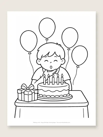 Making a wish: happy birthday coloring page