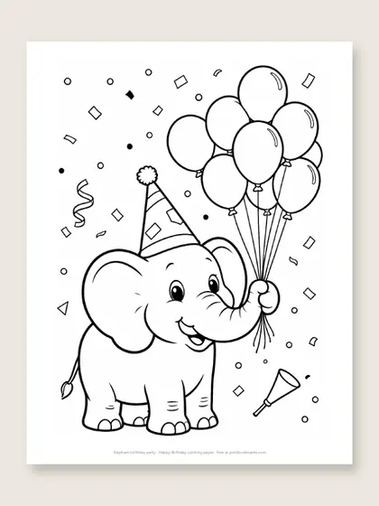 Elephant birthday party: happy birthday coloring page