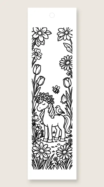 Pony with a flower crown: horse coloring bookmark