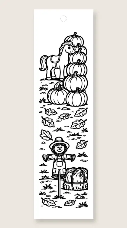 Pony at the pumpkin patch: horse coloring bookmark