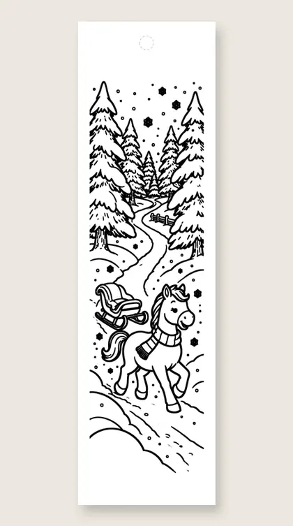 Pony in the snow: horse coloring bookmark