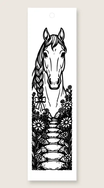 Braided mane and ribbons: horse coloring bookmark