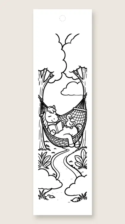 Pony hammock and duck: horse coloring bookmark