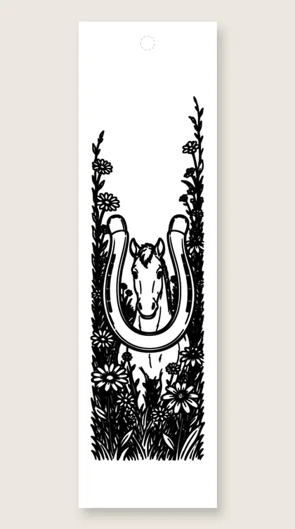 Foal and the giant horseshoe: horse coloring bookmark