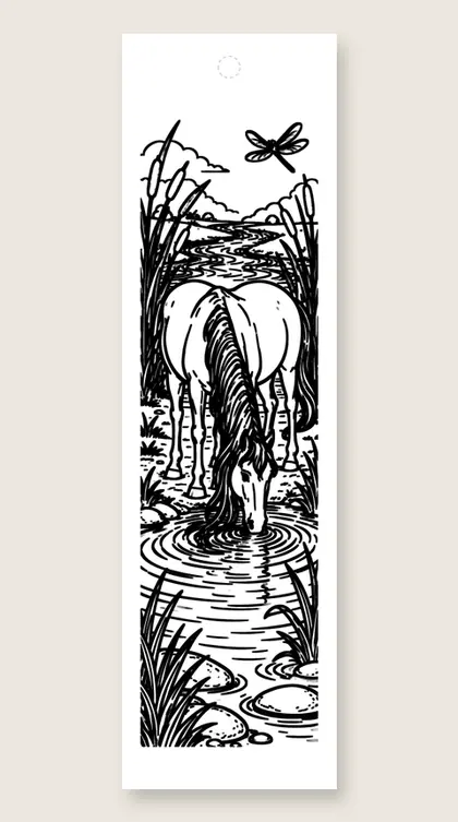 Horse drinking at the stream: horse coloring bookmark