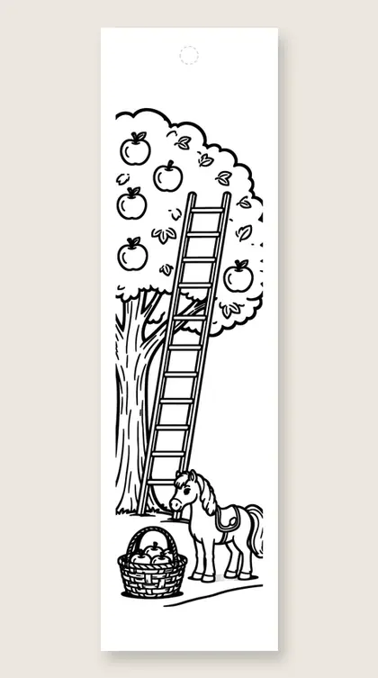 Pony and the apple tree: horse coloring bookmark