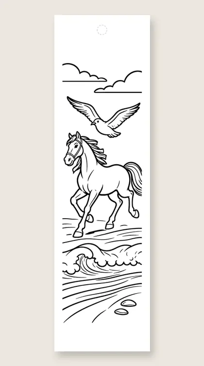 Horse running on the beach: horse coloring bookmark