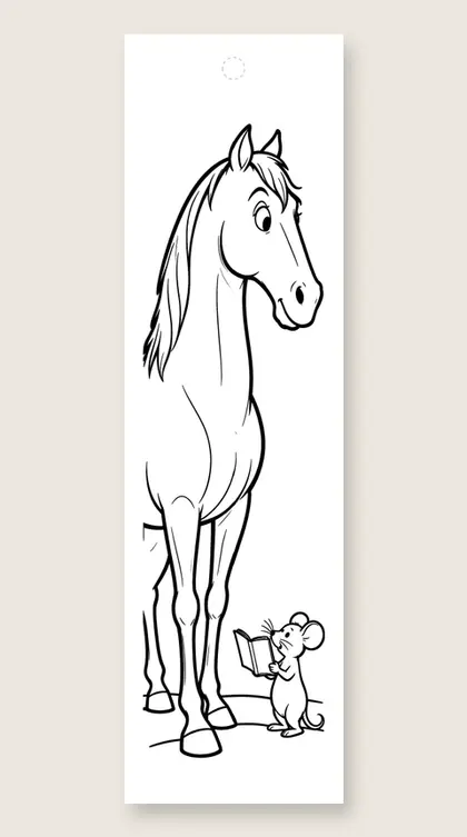 Mouse reading to a horse: horse coloring bookmark