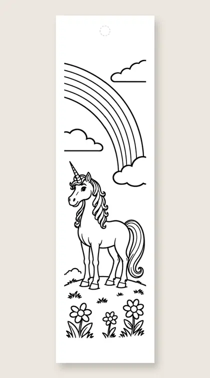 Unicorn on the rainbow hill: horse coloring bookmark