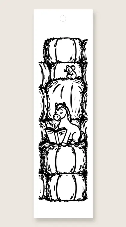 Pony reading on the hay: coloring bookmark
