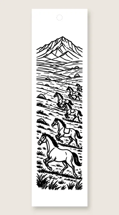Herd of wild horses: horse coloring bookmark