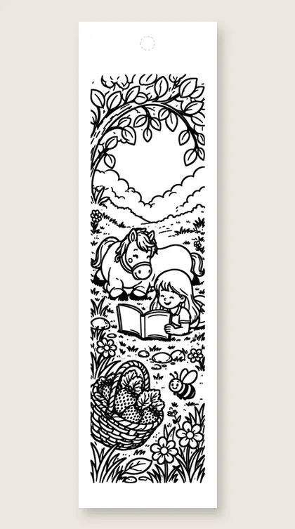 Reading with my pony: horse coloring bookmark