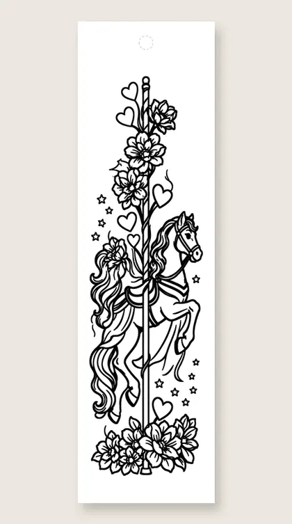 Carousel horse with hearts: horse coloring bookmark