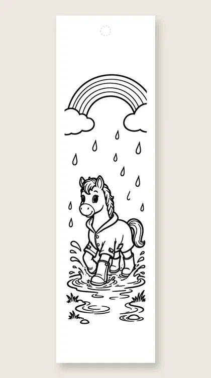 Pony splashing in puddles: horse coloring bookmark