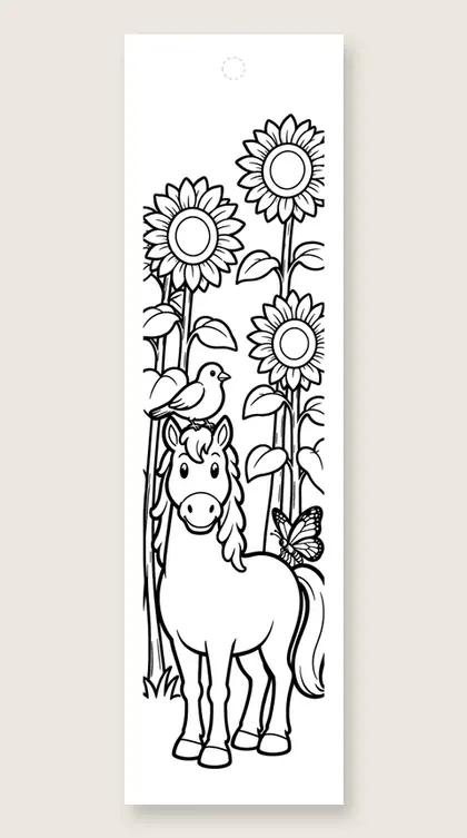 Horse among the sunflowers: horse coloring bookmark