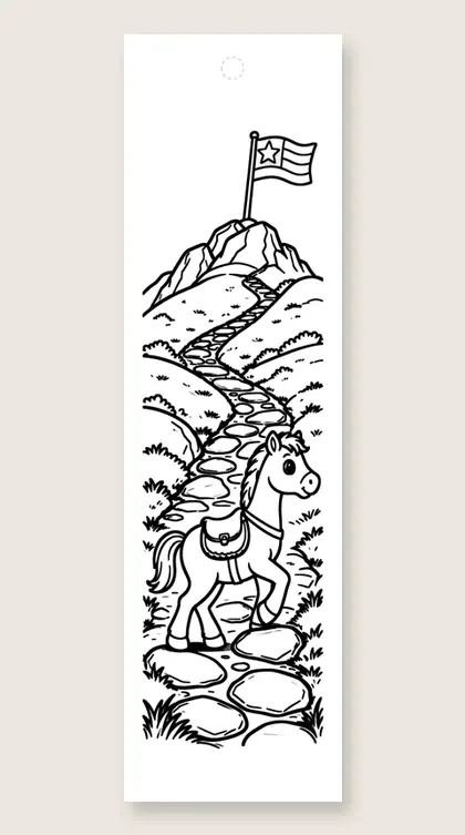 Pony climbing the trail: horse coloring bookmark