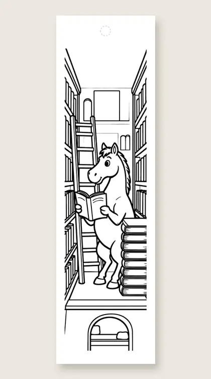 Horse in the library: horse coloring bookmark