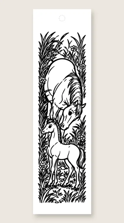 Mother horse and foal: horse coloring bookmark