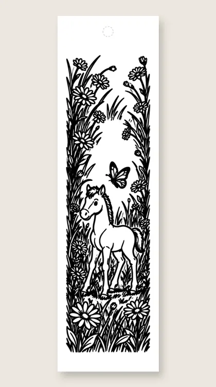 Foal in the daisies: coloring bookmark