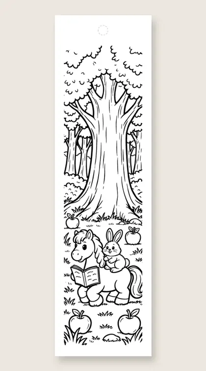 Pony and bunny reading: coloring bookmark