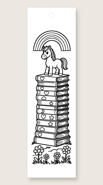Pony on the book stack: coloring bookmark