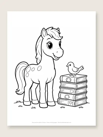 Pony and the stack of books: horse coloring page