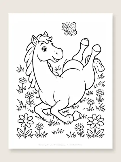 Horse rolling in the grass: horse coloring page