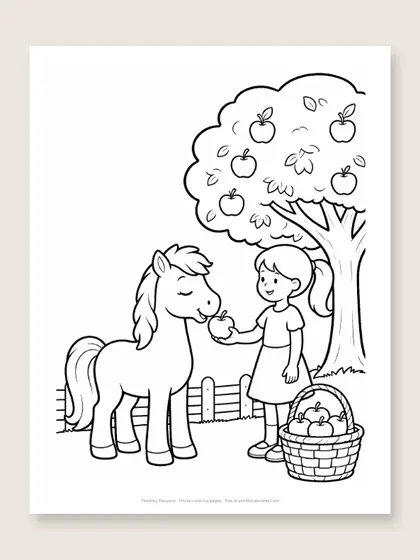 Feeding the pony: horse coloring page