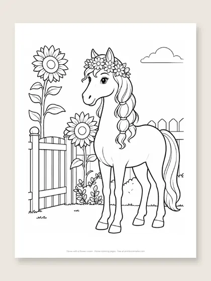 Horse with a flower crown: horse coloring page