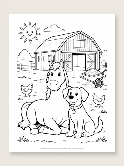 Horse and dog friends: horse coloring page
