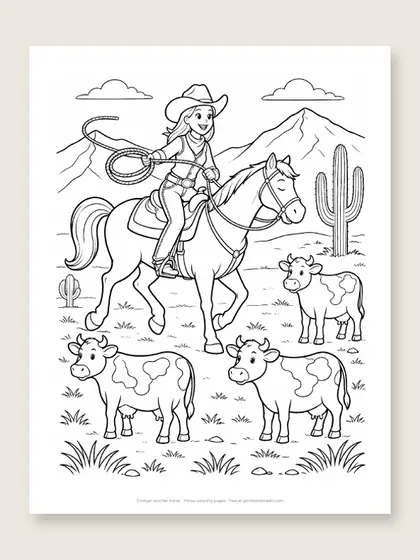 Cowgirl and her horse: horse coloring page