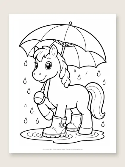 Pony in the rain: horse coloring page