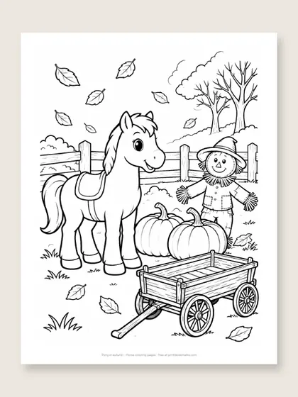 Pony in autumn: horse coloring page