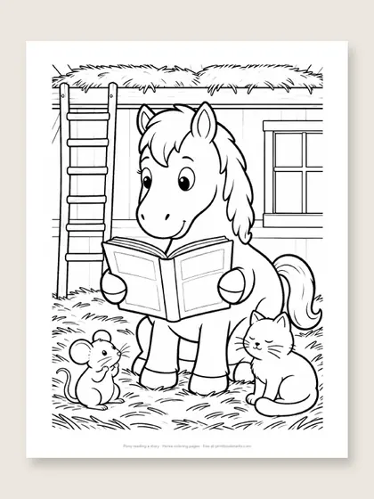 Pony reading a story: horse coloring page